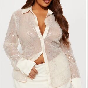 Fashion Nova Cream Sequin Button Down Shirt
